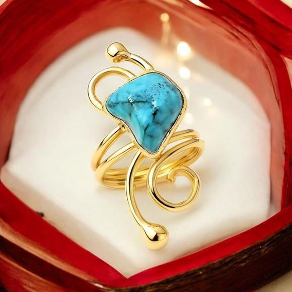 🆕️Turkish Artisan 18K Gold Plated Brass Adjustable Turquoise Cocktail Ring - Picture 5 of 11